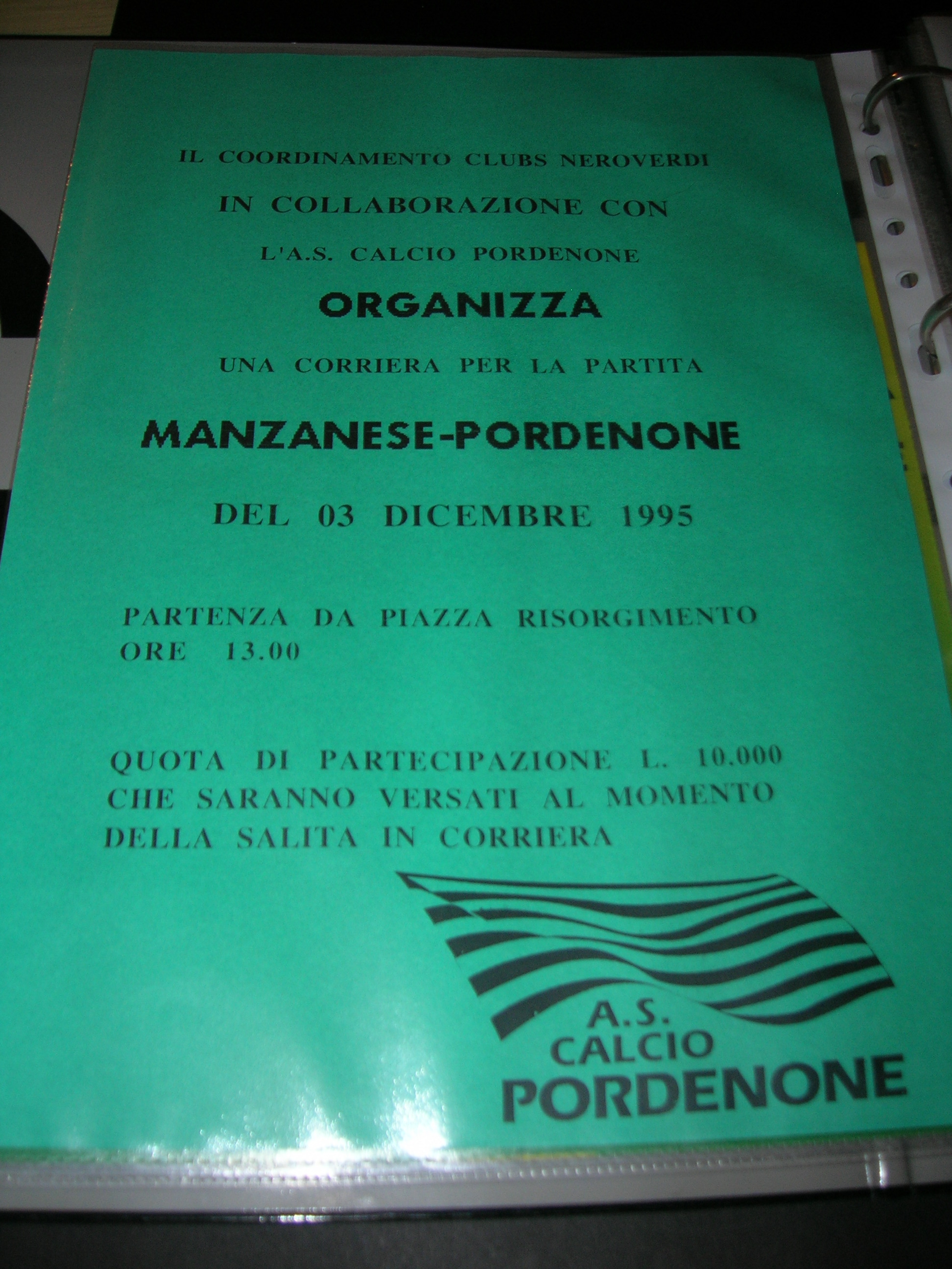 Calcio  Pordenone  dicembre 1995 organizza una corriera per la partita